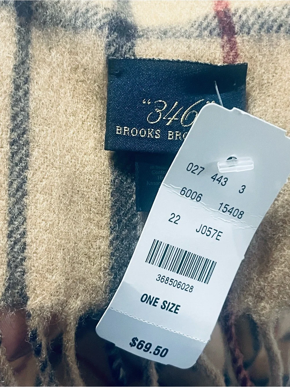 Brooks Brothers Cream Plaid Fringed Scarf